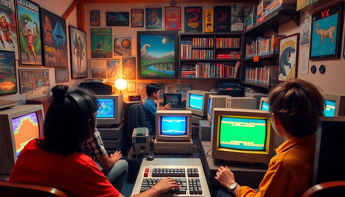 Play classic retro DOS games download in a vibrant gaming room cheering with excitement.