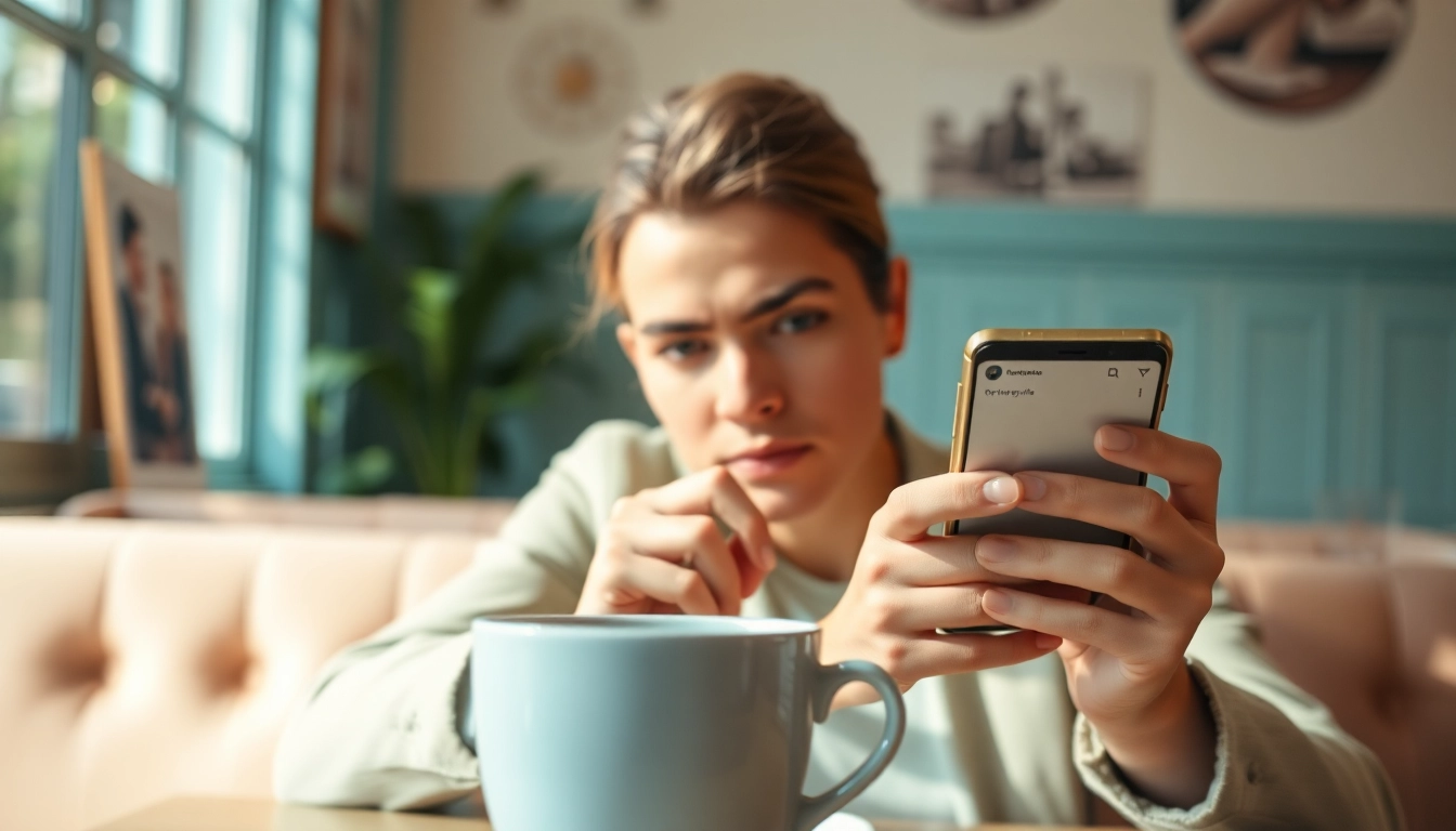 View Instagram stories anonymously on a smartphone in a vibrant cafe with a focused user.