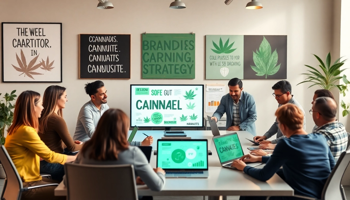 Team strategizing at a cannabis marketing agency in a modern office setting.