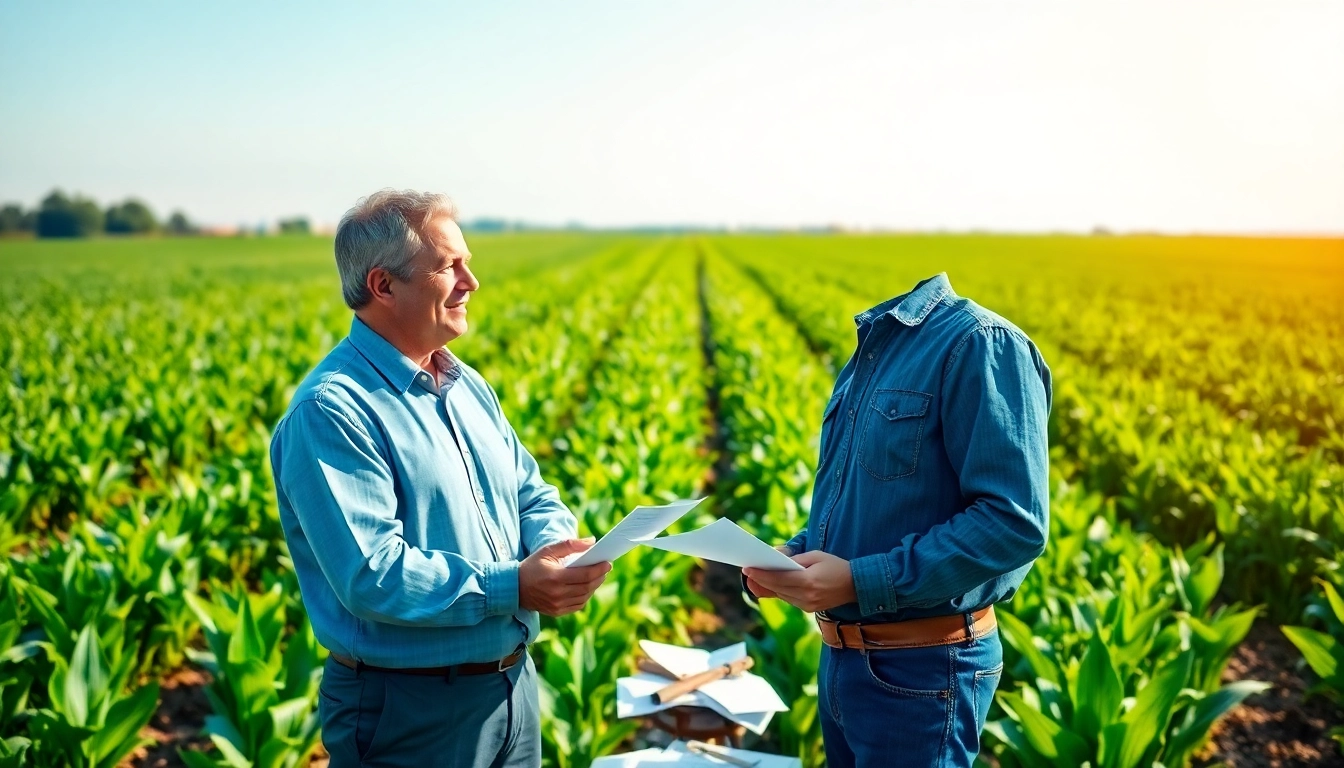 Engaging agriculture lawyer advising a farmer in a vibrant green field