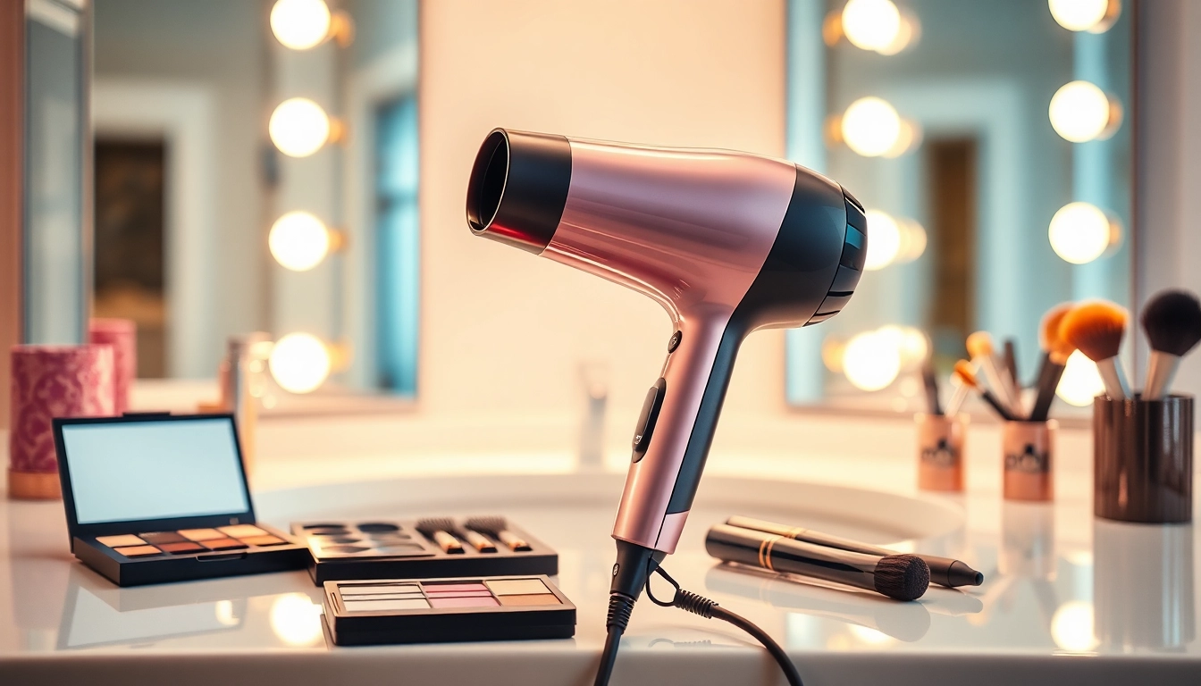 Styler hair dryer elegantly showcased on a vanity with beauty accessories in a bright setting.