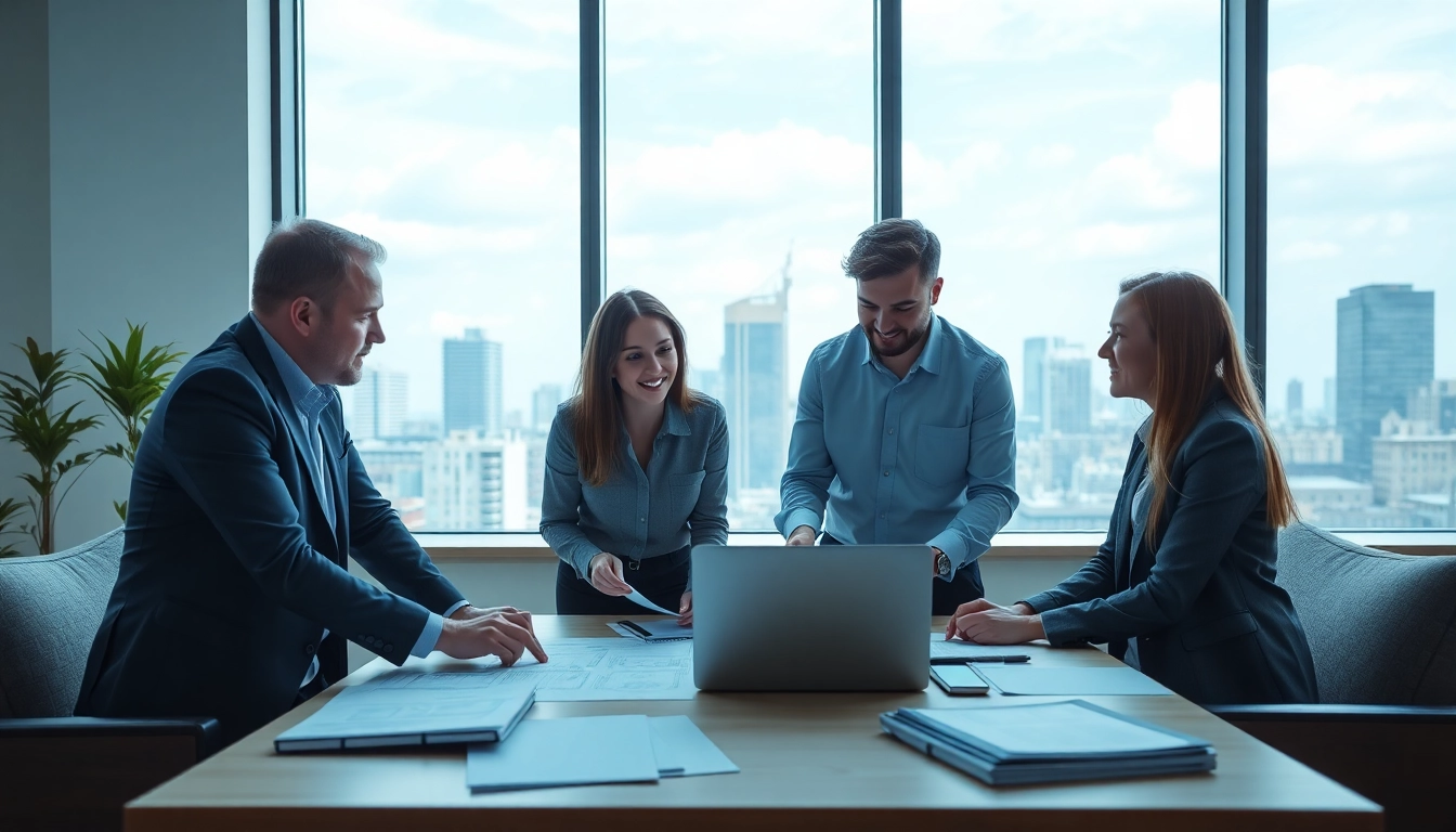 Engaging condo management team discussing strategies in a modern office environment.