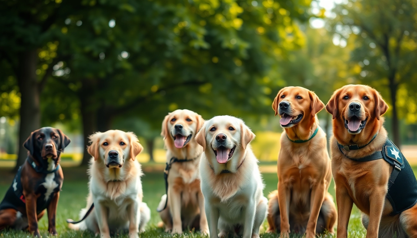 Showcase of service dogs for sale demonstrating obedience in a serene park setting, highlighting their training.