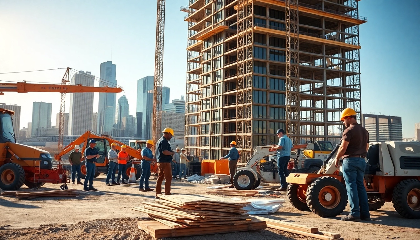 Austin construction workers on-site collaborating to build high-rise structures in Austin, Texas.