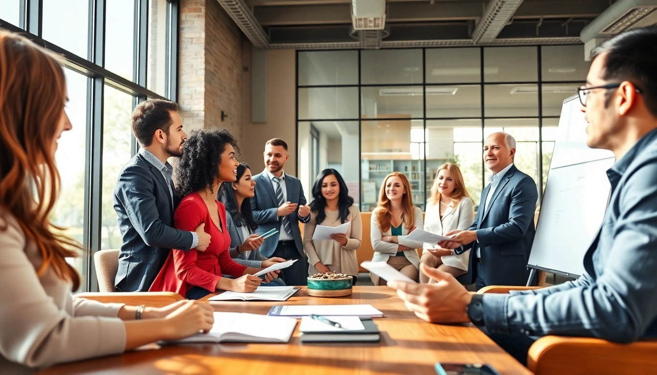 Engage in a dynamic business coaching service discussion with diverse professionals in a modern office.