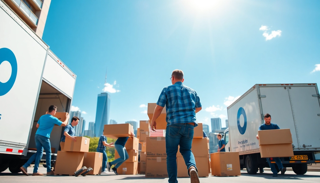 Bennettsmoving team packing boxes and moving furniture efficiently in a bustling city environment.