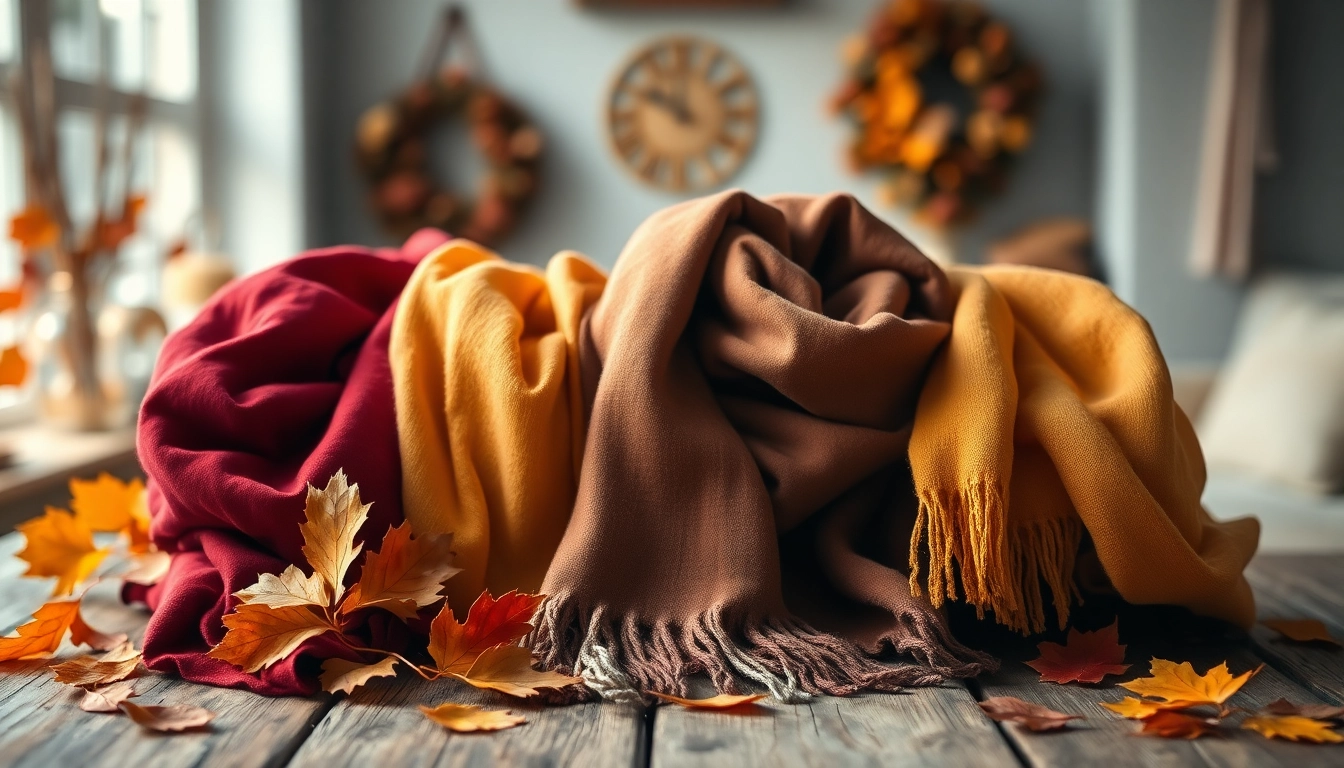 Showcase of vibrant scarves for women in various textures and colors on a rustic table.