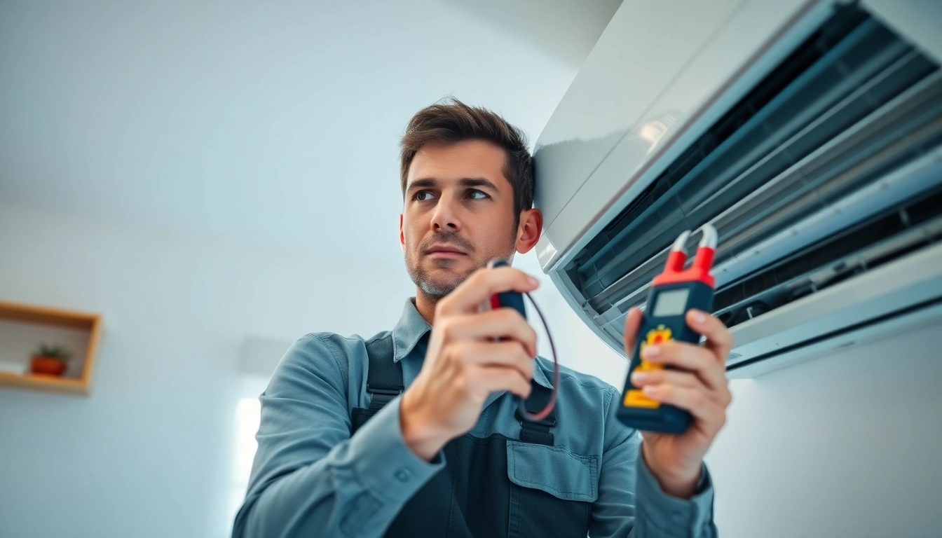 Technician performing AC repair Glendale AZ with tools in a bright residential setting.
