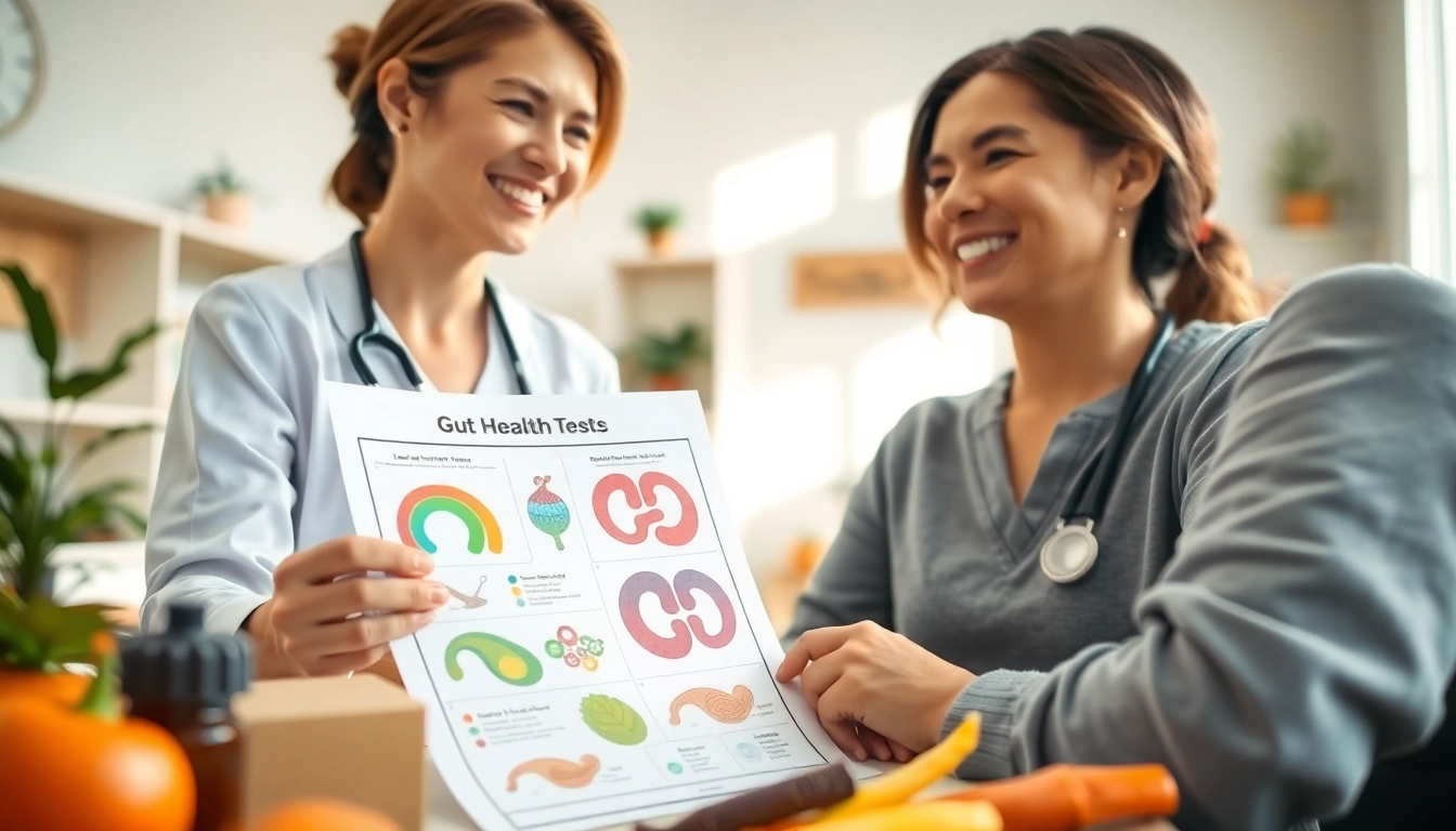 Understanding gut health testing with a friendly nutritionist in a bright consultation room.