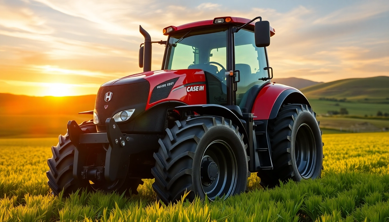 Case-ih Traktor arbeitet in einem grünen Feld bei Sonnenuntergang.