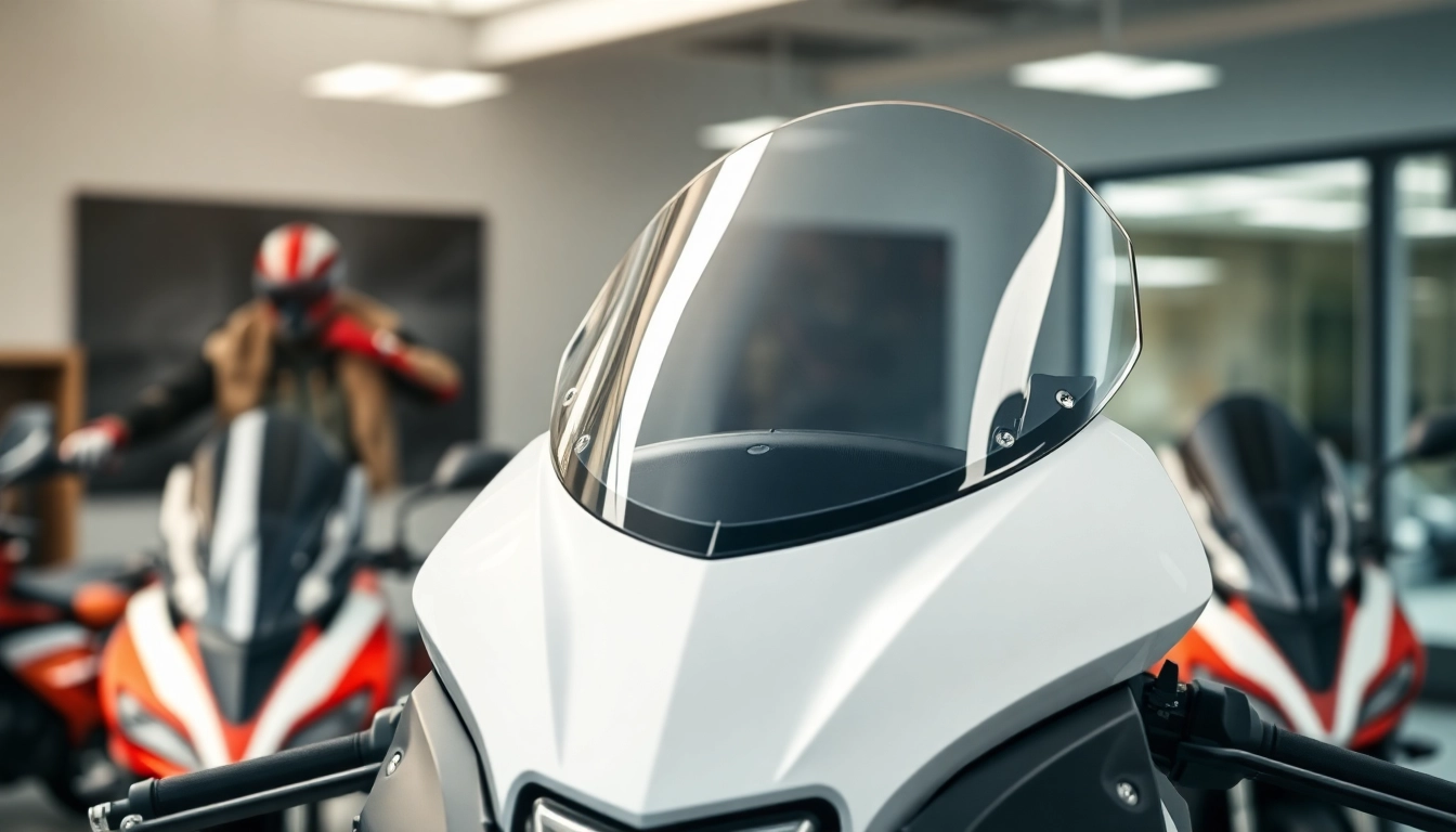 Showcase of motorcycle windscreens highlighting design and quality in an attractive showroom.