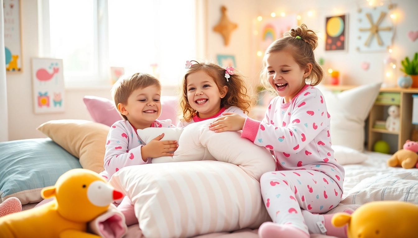 Kids pajamas worn by children enjoying a playful moment in a bright, cozy setting.