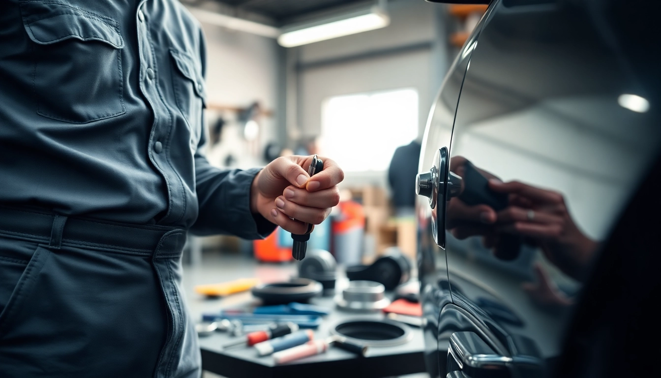 Locksmith handling Lost Car Keys replacement with tools in a garage setting.