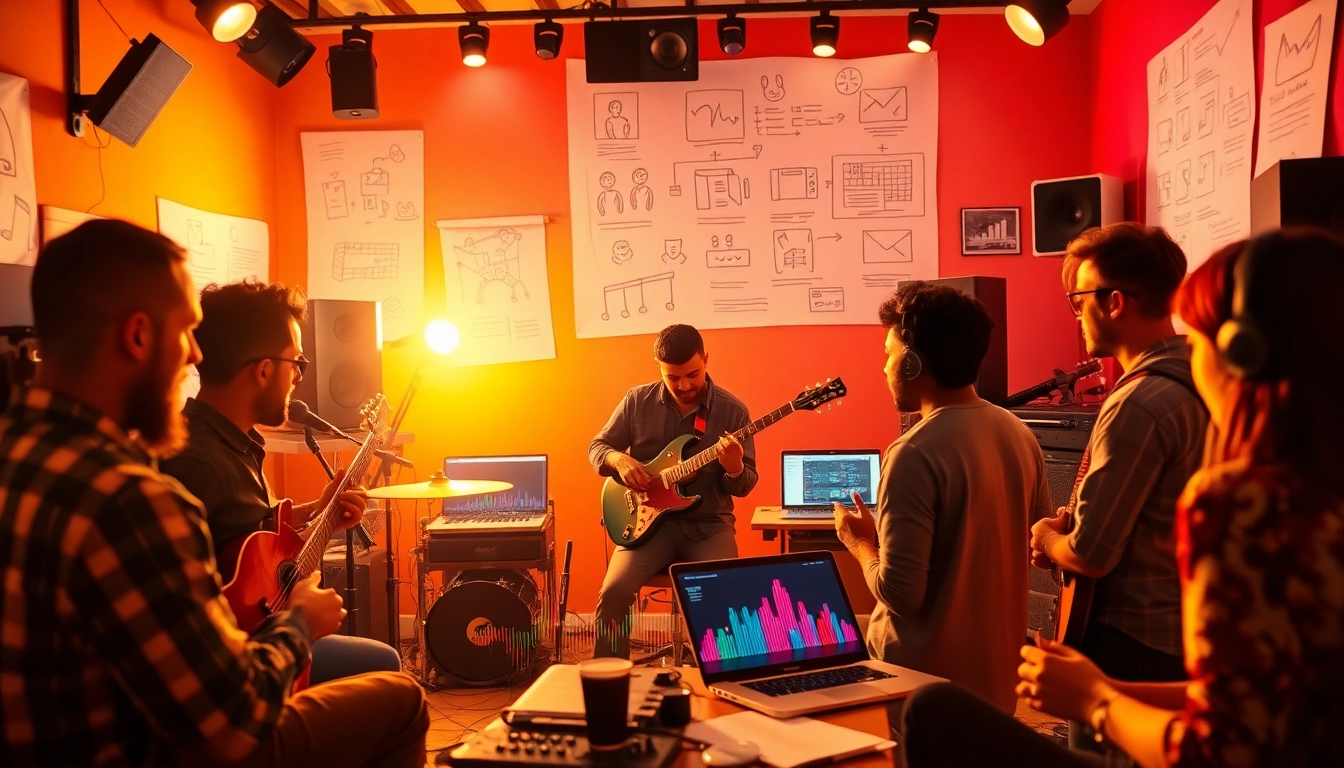 Engaging musicians utilizing music promotion services in an inspiring recording studio.