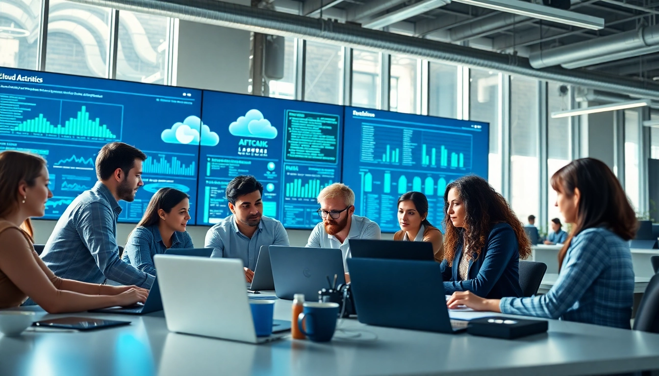 Enhancing Cloud infrastructure and DevOps services through team collaboration in a modern office.