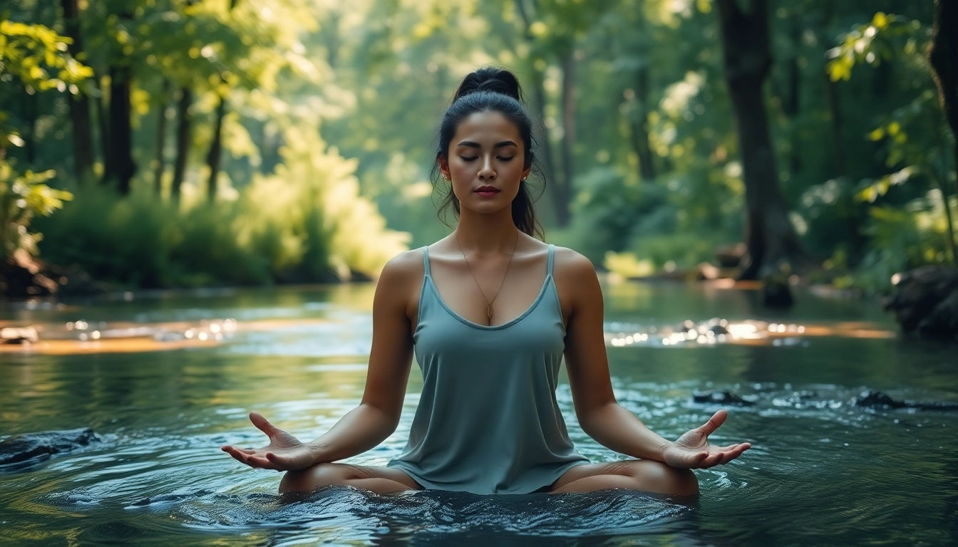 Practicing stress relief techniques while dealing with stress in a serene nature setting.