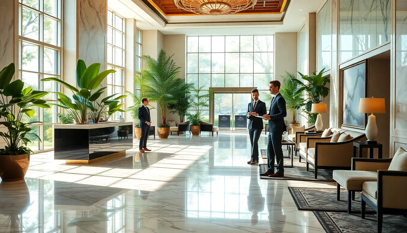 Engaging hotel management professional assisting guests in an elegant lobby.