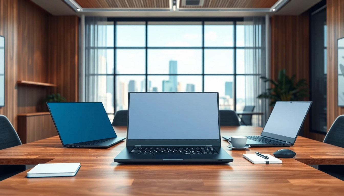 Showcase of Lenovo laptops on a modern desk with cityscape backdrop, emphasizing sleek innovation.