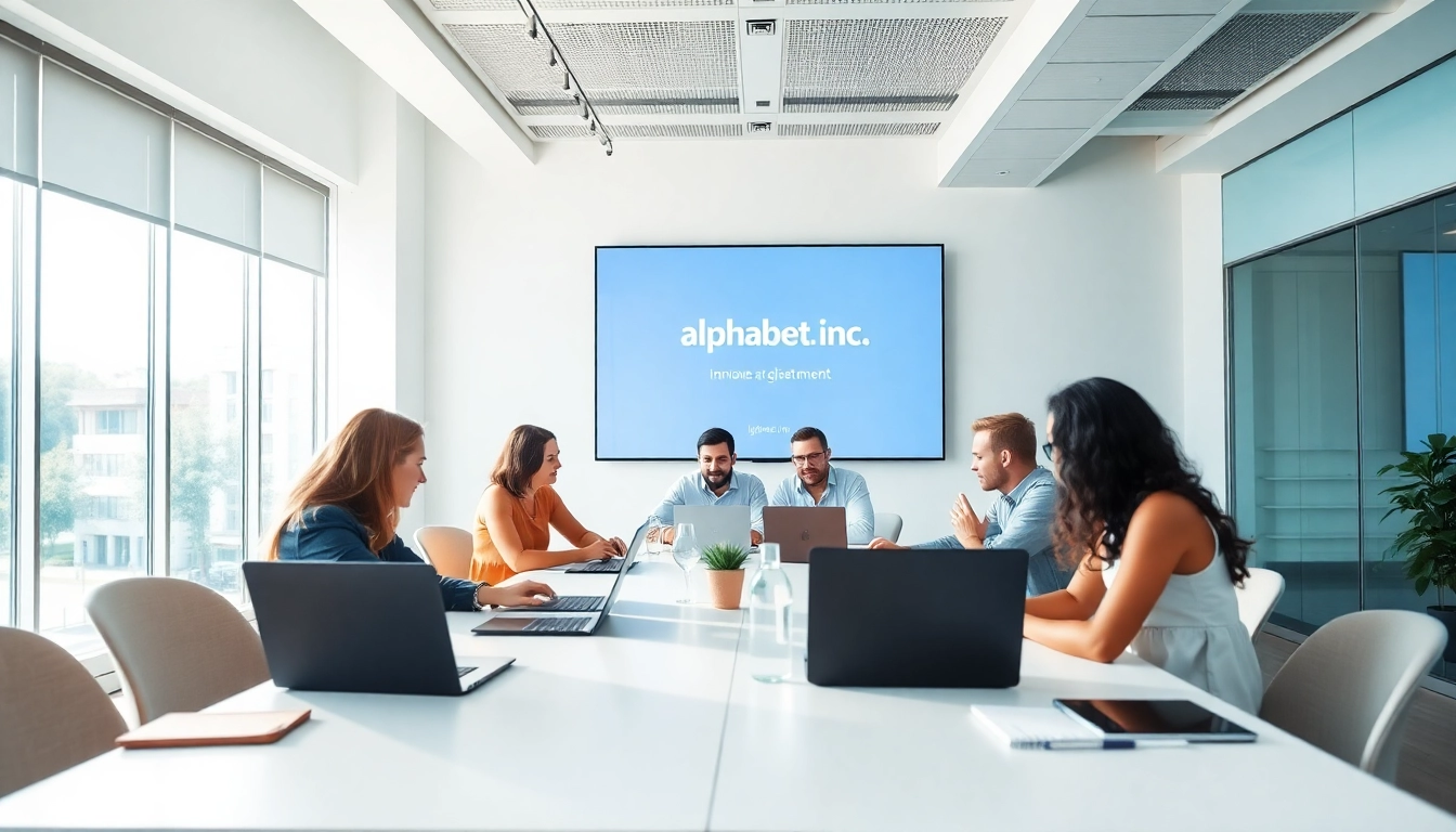 Engage with the compelling alphabet inc mission statement through a collaborative business scene.