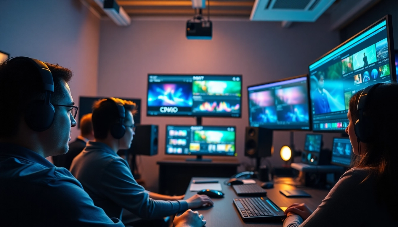 Editing Post Production Toronto: Dynamic video editors in a modern workspace showcasing collaboration and technology.