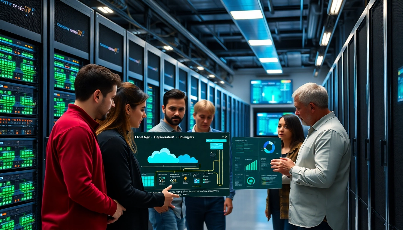 Visualize cloud infrastructure and DevOps services with IT professionals collaborating in a data center.