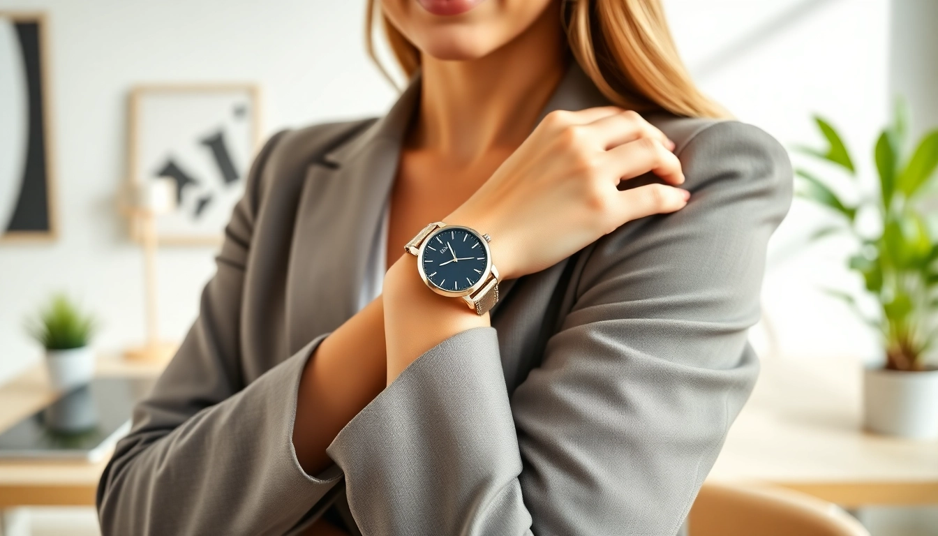 Elegante Damen Armbanduhr auf dem Handgelenk einer Frau in einem modernen Büroumfeld.