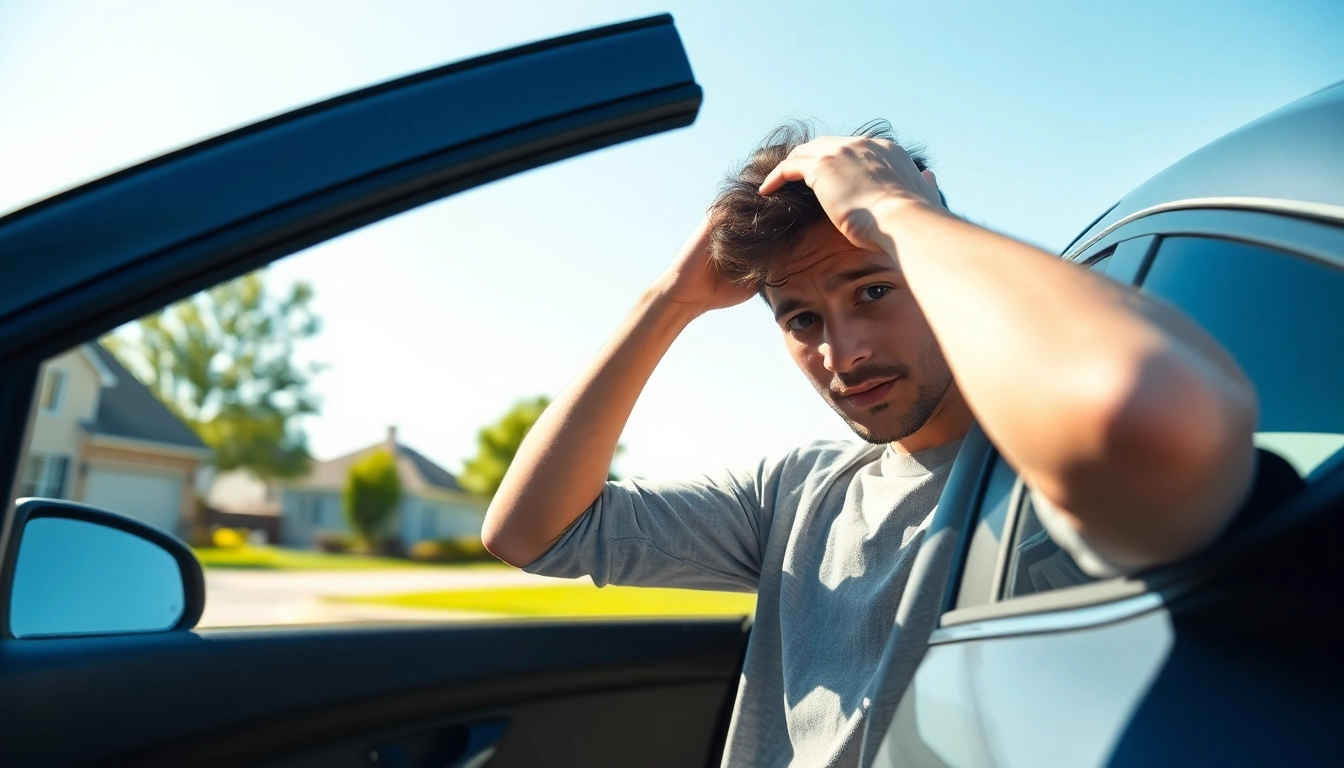 Person distressed about Keys Locked in Car, seeking solutions amidst a sunny suburban backdrop.