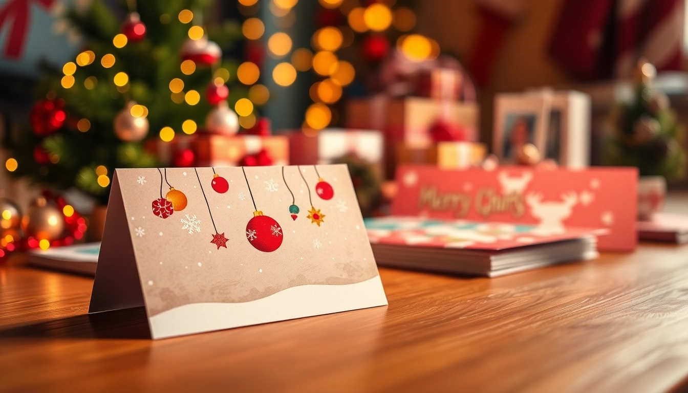 Create same day Xmas cards with vivid designs and festive elements presented on a wooden table.