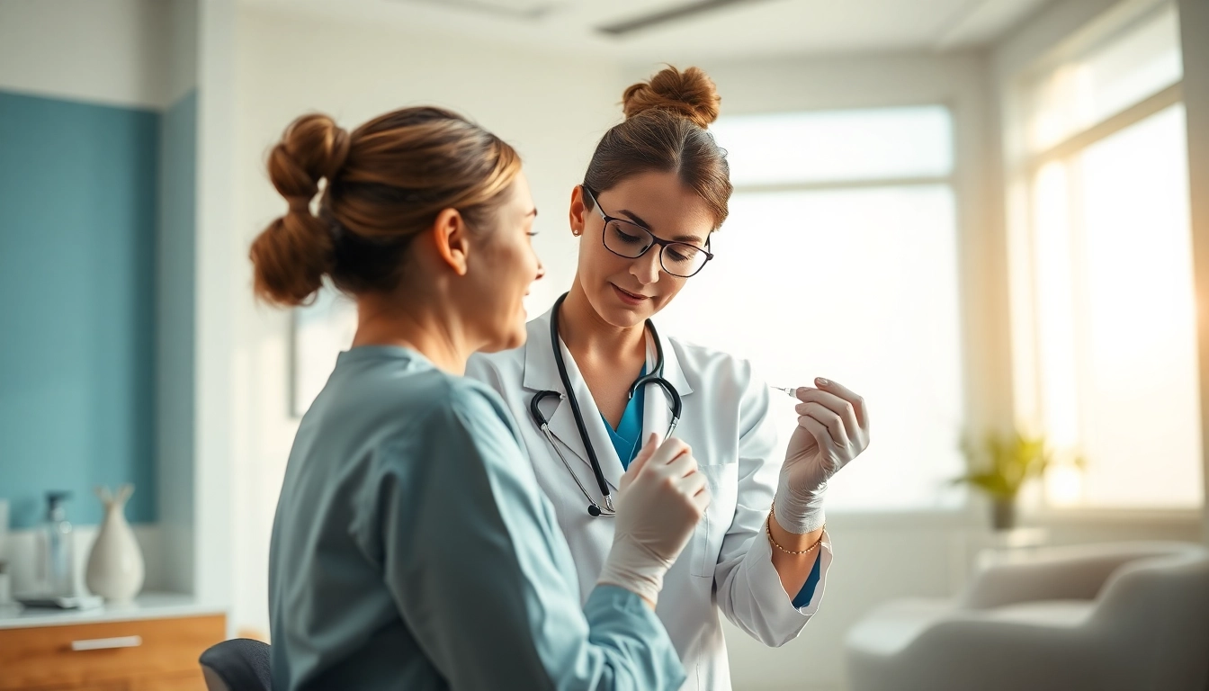 Healthcare provider demonstrating botox for migraines in a serene clinic environment.