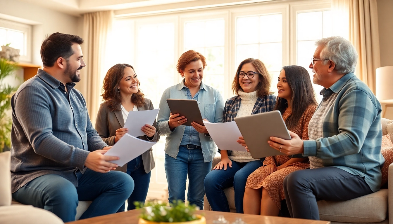 Engaging scene showing direct home buyers collaborating with homeowners in a warm living room.