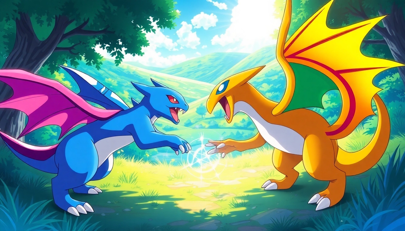 Engaging battle between Pokémon in a vibrant, natural setting showcasing their unique abilities.