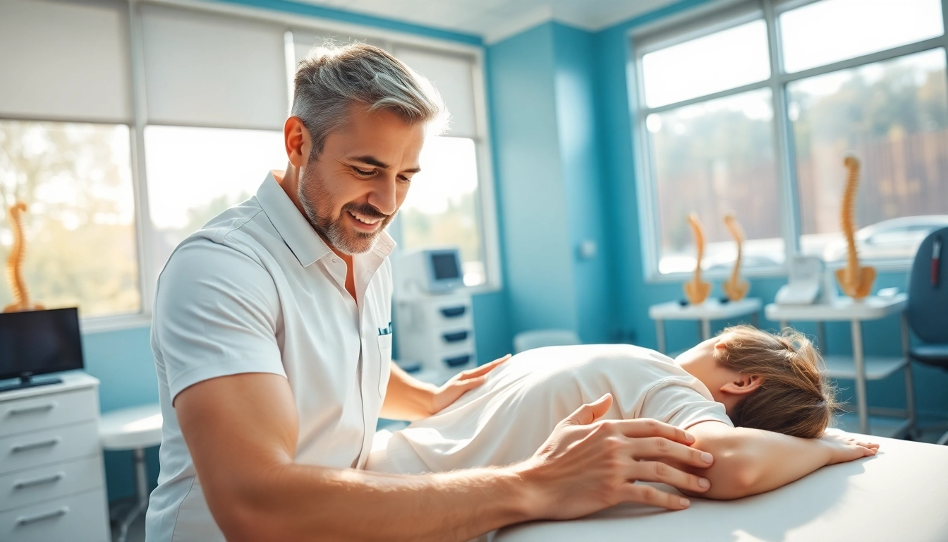 Chiropractor adjusting a patient in a bright, modern clinic setting.