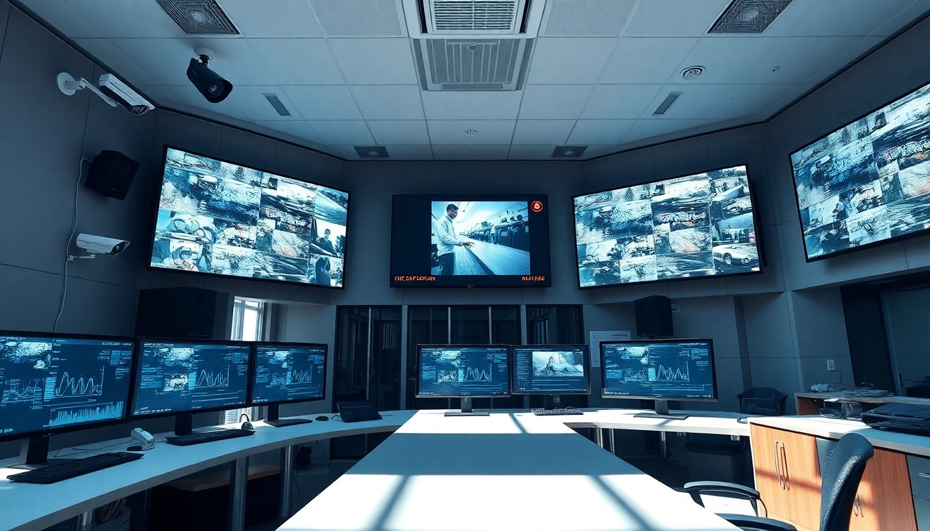CCTV & Remote Monitoring technology in a professional urban control room with bright screens.
