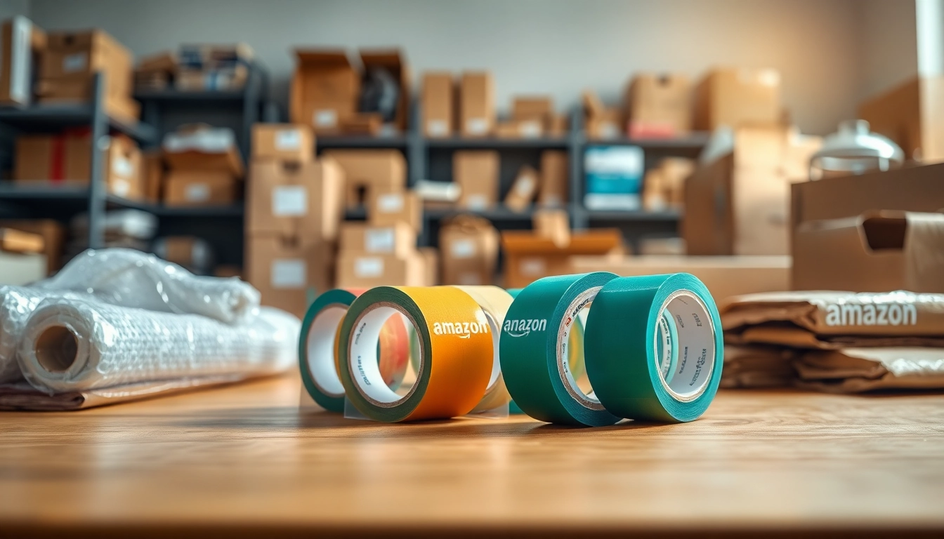 Rolls of amazon tape on a workspace table surrounded by packing materials.