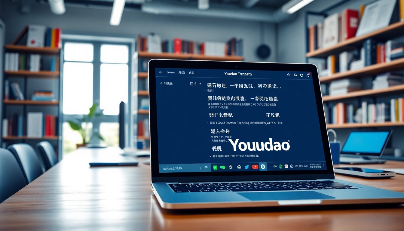 使用有道翻译的现代数字界面，展示翻译结果和工具。