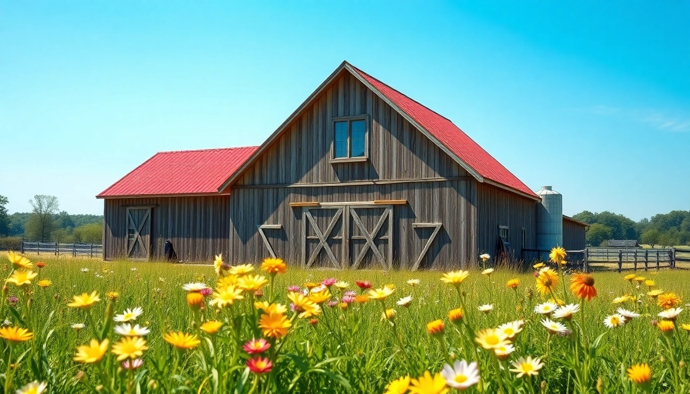Stunning firelight barn photos featuring a rustic barn surrounded by vibrant wildflowers.