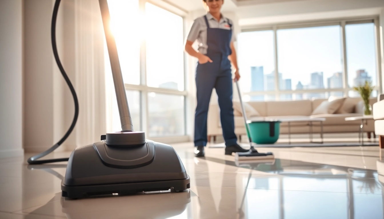 Bond cleaning in action with a professional cleaner making a modern apartment spotless.