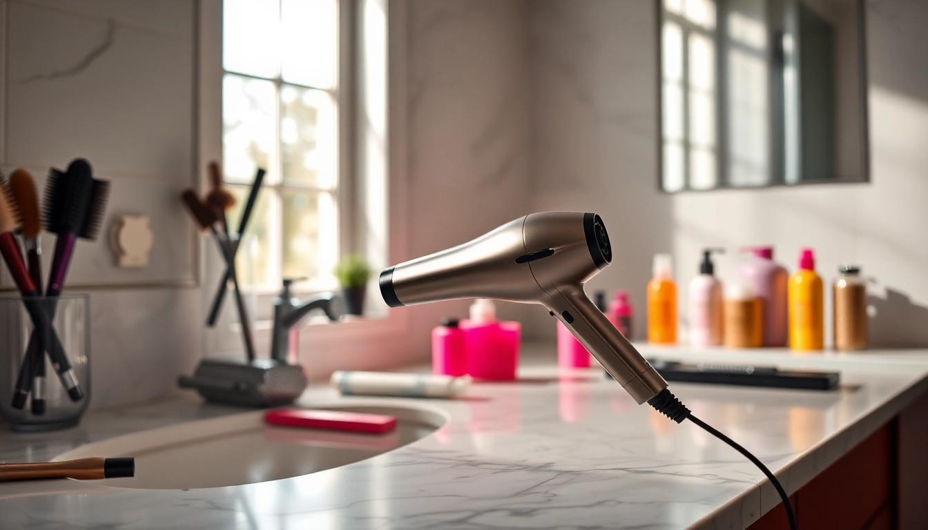 Showcasing the best blow dryer elegantly placed among hair tools, highlighting its sleek design.