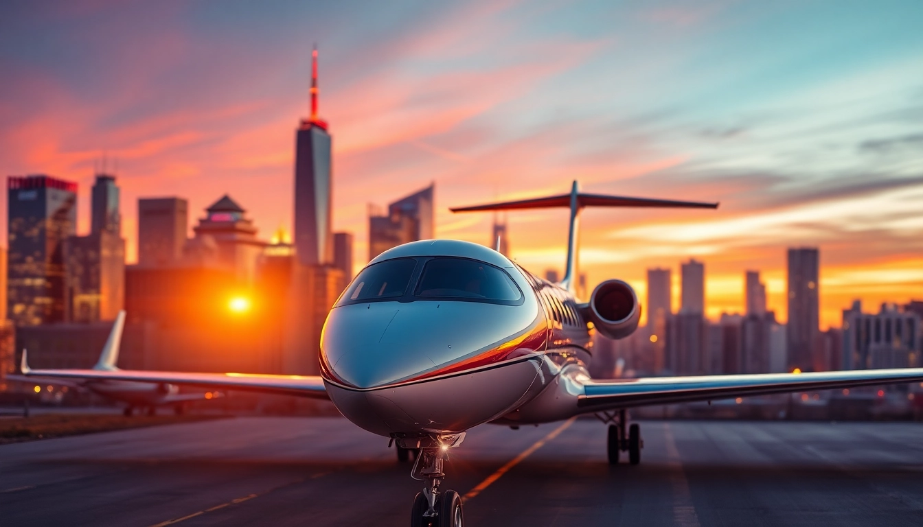 Experience luxury with a private jet charter NYC, featuring a sleek jet against the New York City skyline.