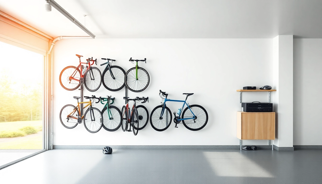 Organized Wall-mounted bike storage displaying colorful bicycles in a modern garage setting.