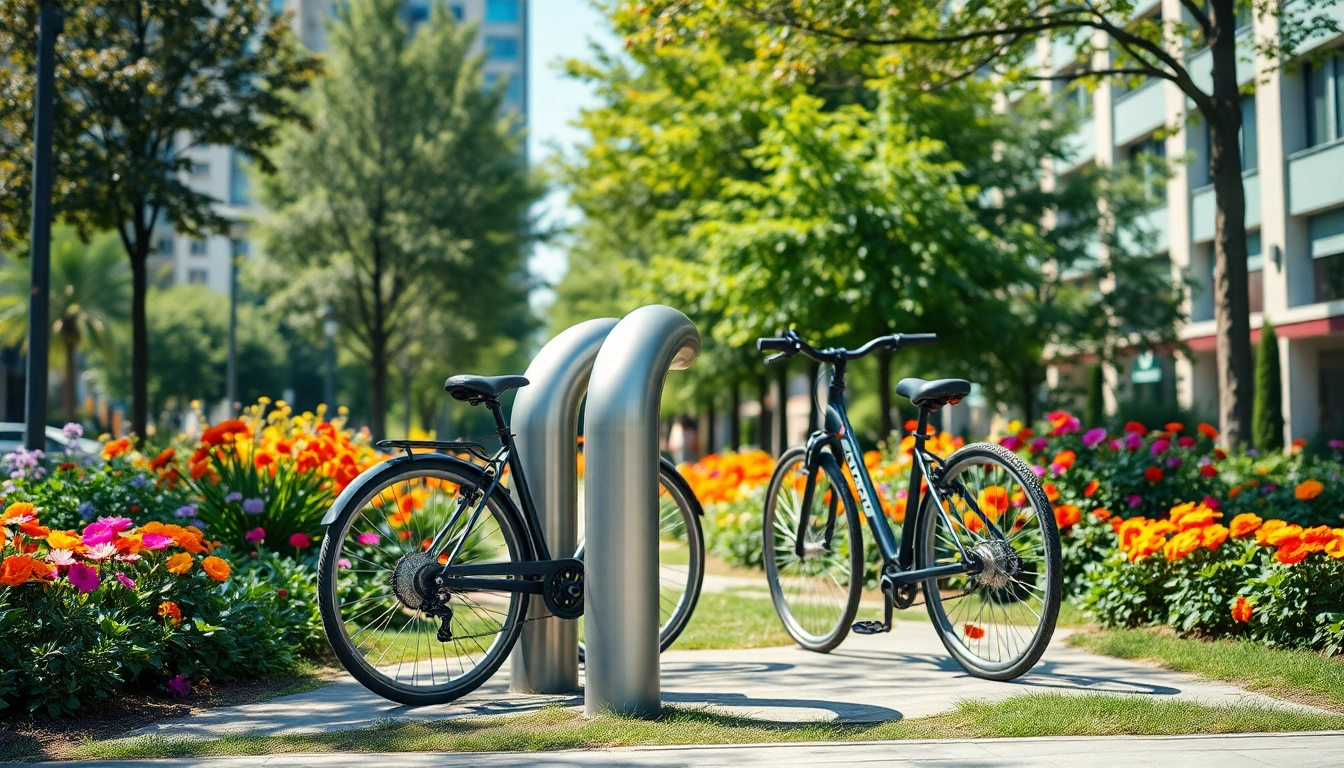 Showcase a stylish Designer bike rack positioned in an urban park with vibrant surroundings.
