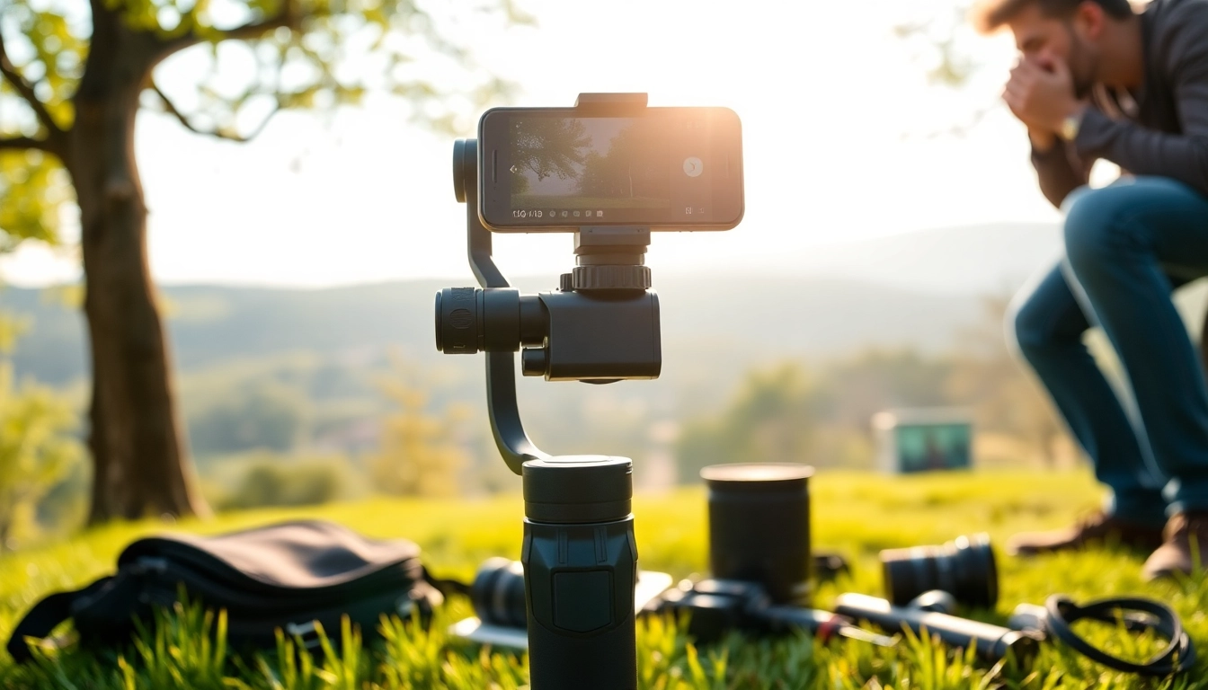 Using a gimble to stabilize a smartphone for photography in a scenic outdoor setup.