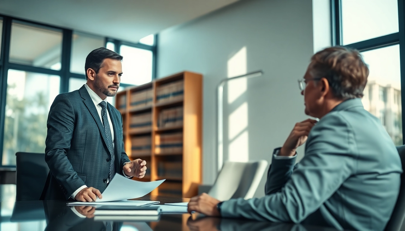 Tampa Criminal Attorney guiding a client through legal documents in a professional office.