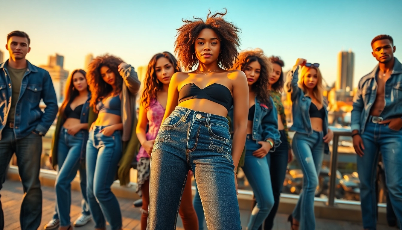 Showcase of wholesale jeans manufacturers with diverse models featuring unique denim styles.