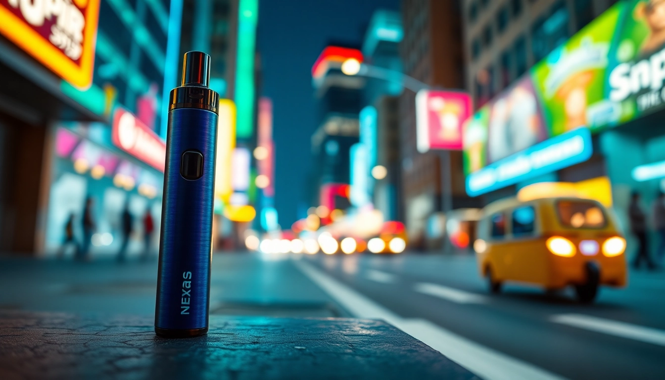 Showcasing the NEXA Ultra 50000 Puffs disposable vape with vibrant city life setting.