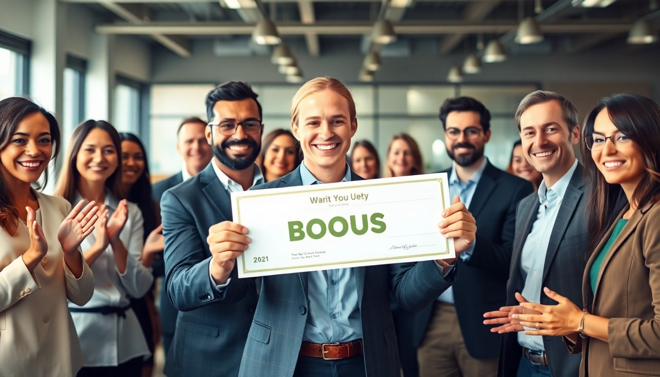 Celebrating a Bonus reward in a professional setting with diverse employees.
