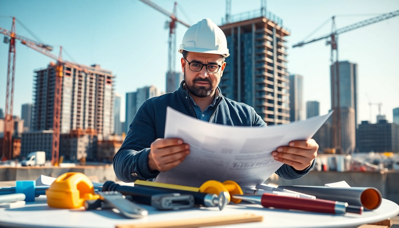 New Jersey General Contractor reviewing construction plans with equipment in an urban site.