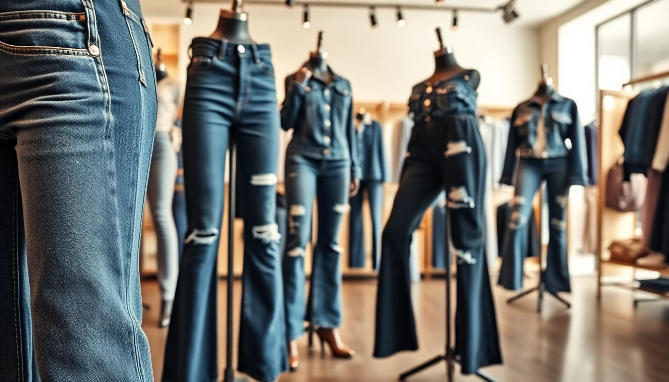 Engaging display of denim styles from wholesale jeans manufacturers highlighting quality and fashion trends.