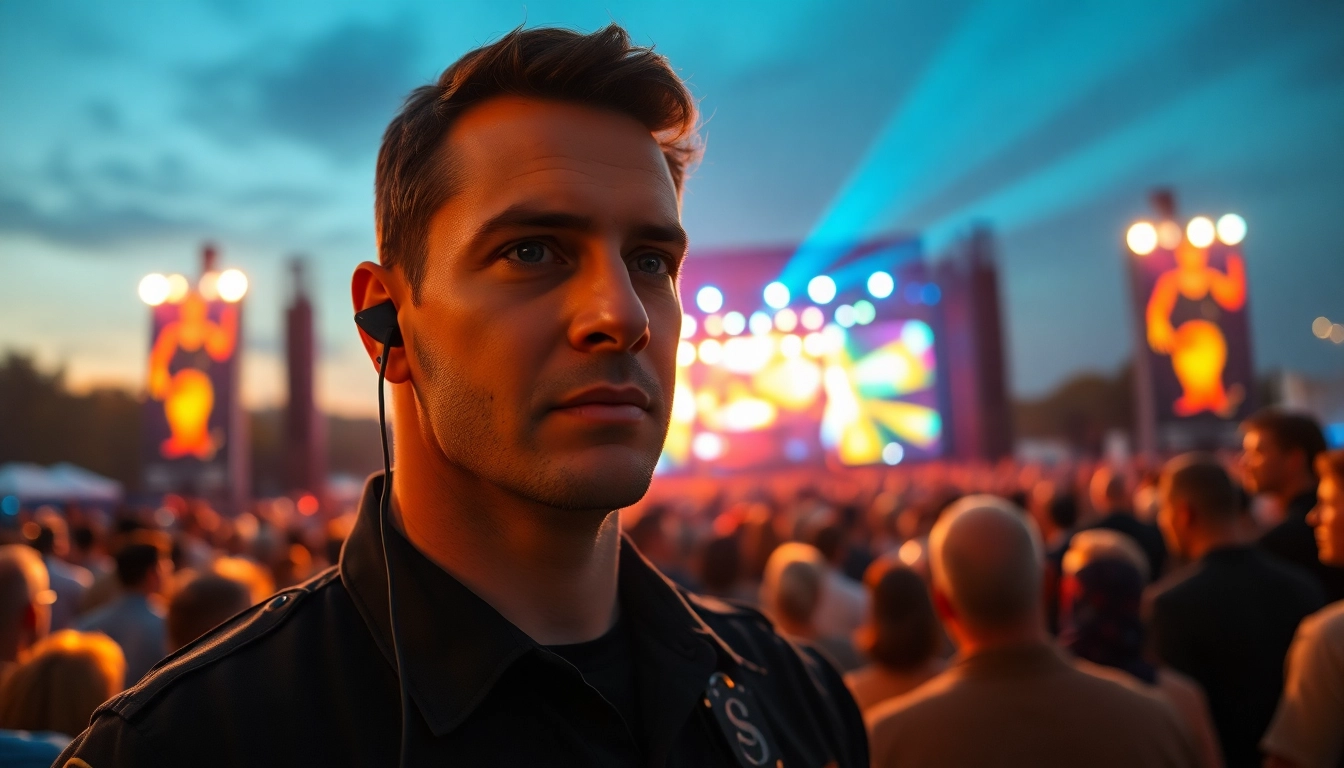 Engaged concert security overseeing a lively festival to ensure safety and order.