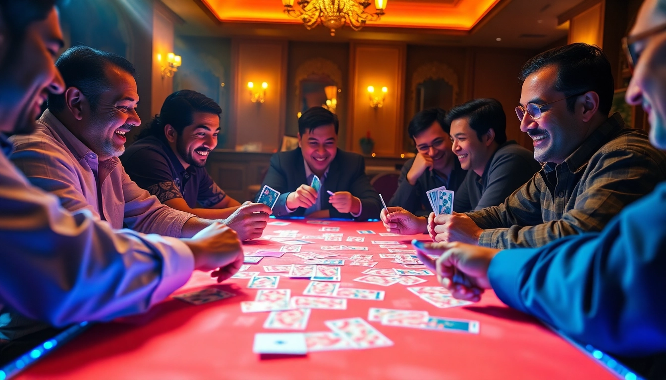 Jaiho Rummy players strategizing at a colorful gaming table, enjoying exciting moments.